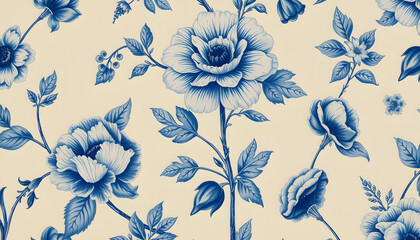 Obraz premium Floral Toile vintage pattern, flower blue painting (), dramatic, with white tones