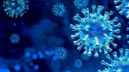 Close-up Illustration of Coronavirus Particles in Blue Background with Depth and Detail for Scientific Use