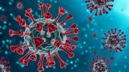 Detailed Illustration of Virus Structure with Red Spikes on Blue Background for Scientific Education and Awareness
