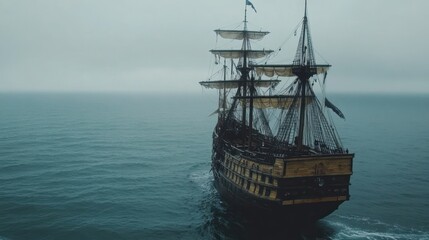 A majestic ship sails through the misty ocean waters, evoking a sense of adventure.