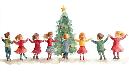 row of children holding hands and dancing round dance around Christmas tree, watercolor illustration holiday happiness in the new year