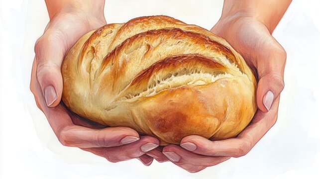 graphic of gentle hands cradling a warm, freshly baked loaf of bread, emphasizing its soft texture, set against a white background.