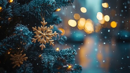 Fototapeta premium Chrismas decorations with snowflakes. Cute chrismas tree on a blurred background