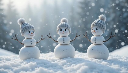 Three Snowmen in Winter Wonderland Scene