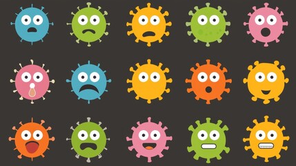 Fototapeta premium Colorful and Expressive Cartoon Virus Characters with Various Facial Expressions on Dark Background