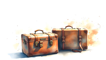 antique vintage travel luggage watercolor, Dynamic motion, with white tones