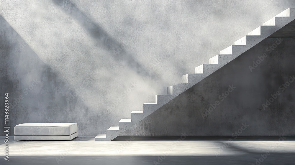 Aufkleber a minimalist interior featuring a staircase and a simple bench under soft light.
