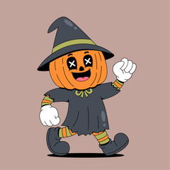 Walking pumpkin ghost halloween cartoon mascot