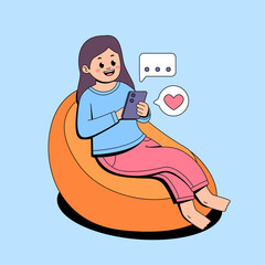 Relaxed woman using smartphone with chat and love icon