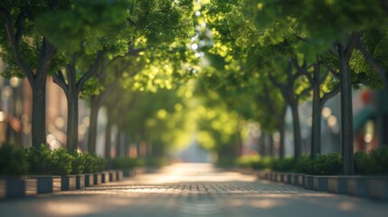 A tranquil, sunlit pathway lined with lush green trees, creating a peaceful urban escape with dappled sunlight filtering through the canopy. AI generated.