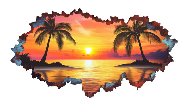 Sunset above the sea on a tropical beach with palm trees transparent background