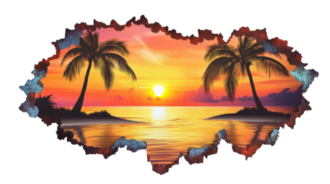 Sunset above the sea on a tropical beach with palm trees transparent background