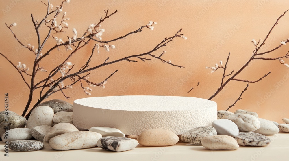 Poster a minimalistic display featuring stones and branches, ideal for product showcasing.