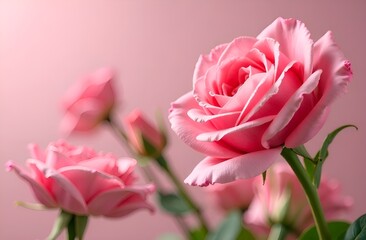 Fototapeta premium rose flowers on a delicate pink background. place for the text