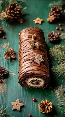 Chocolate Yule log with frosting on green wooden background traditional Christmas Swiss roll cake Buche de Noel, sponge cake with chocolate cream for New Year celebrations