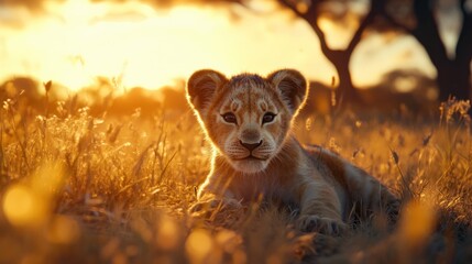Adorable lion cub at sunset in African savanna.