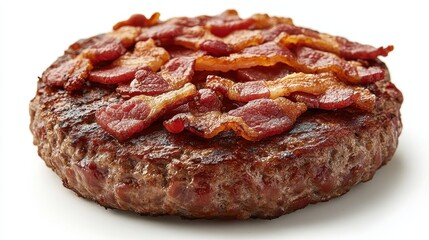 Obraz premium Uncooked hamburger patty topped with bacon, isolated on a white background.