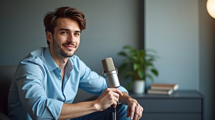 Professional Podcaster in Modern Studio with Dynamic Lighting, Microphone, and Sleek Interior Setup

