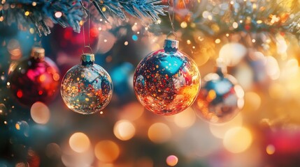 colorful christmas background with decorations, macro chrismas balls