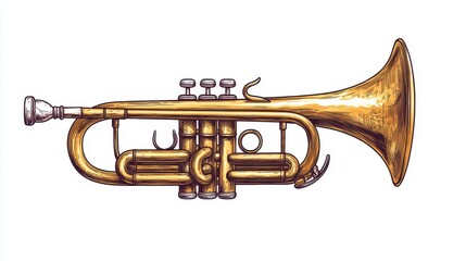 Fototapeta premium illustration of a brass cornet illustrated from the front, set against a white background for graphic applications.