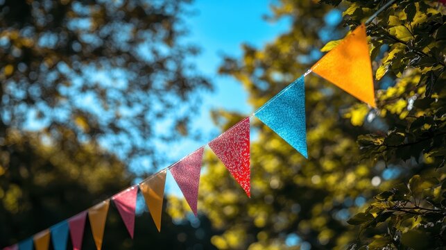 Banderole avec fanions color&Atilde;&copy;s suspendue dans les arbre pour une f&Atilde;&ordf;te