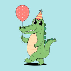 cartoon crocodile wearing birthday hat and holding balloon