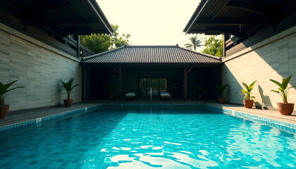 Obraz premium Swimming pool in summer time, asian style, with white tones