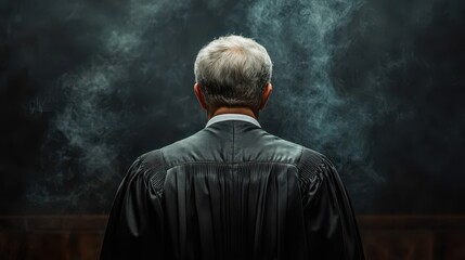 Experienced male judge in judicial robe standing with his back to the camera