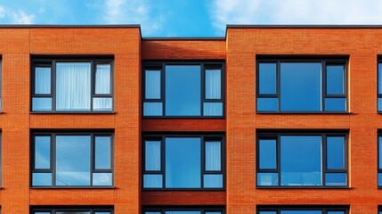 Fototapeta premium A modern brick building facade with large windows and a blue sky backdrop.
