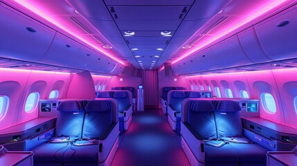 Luxurious airplane cabin interior with vibrant pink and blue lighting, showcasing comfortable seats and modern amenities.