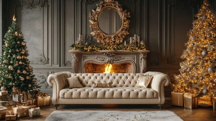 Fototapeta premium Elegant royal room with fire place. luxury soft sofa near chrismas tree. classic room decorated for new year