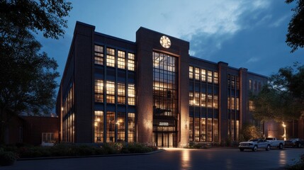 A modern building illuminated at dusk, showcasing a blend of brick and glass architecture.