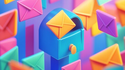 16.A colorful 3D mailbox illustration with a collection of bright envelopes, one protruding as though delivering a new message, set in a vibrant, cartoonish style with smooth lines and a friendly
