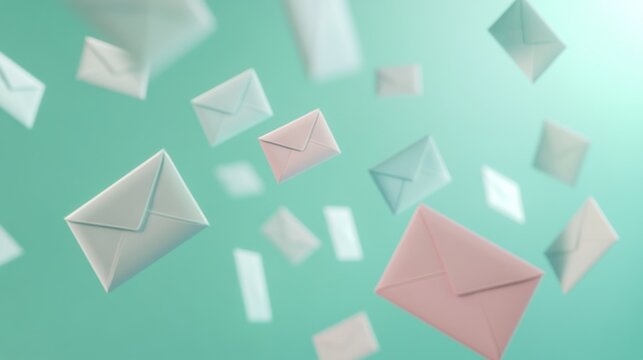 15.A dreamlike scene of pastel envelopes drifting downward against a soothing green background, each envelope in soft hues, delicately placed to create a sense of movement, with smooth gradients and