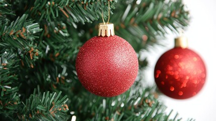 Fototapeta premium Christmas tree background with red christmas ball on white background.Selective focus.