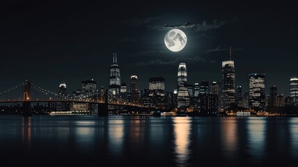Obraz premium City Silhouette under a Full Moon