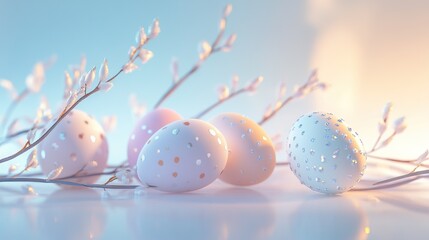 Pastel-colored easter eggs with decorative patterns on white background, surrounded by soft branches, reflecting light for happy easter celebration