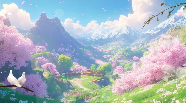 A picturesque spring valley with blooming pink trees, snowy mountains, and doves perched on a branch.. Seamless loop video background
