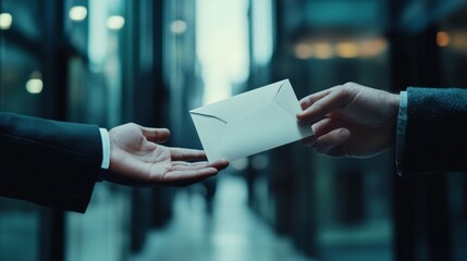 43.A white envelope being handed from a boss to an employee in a corporate office, focusing on the subtle interaction, with the recipientâ€™s hand slightly extended to accept, creating a sense of