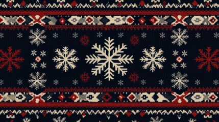 Traditional Nordic fair isle pattern with snowflakes and geometric design on dark background