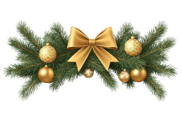 Happy new year sign, Christmas Tree Branches Decorated with golden bow and Christmas balls isolated on white. Festive header for website, vector illustration