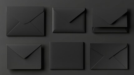 52.Multiple black envelope mockups in different orientations, showing closed, partially open, and fully open views, with attention to texture and realistic lighting, providing a sophisticated,