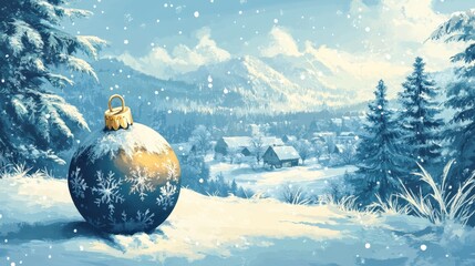 Illustration of large chrismas ball with winter landscape.