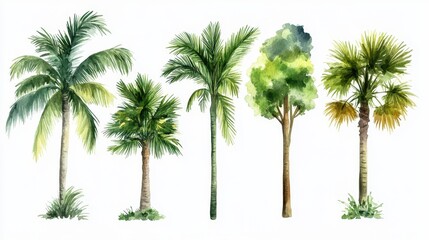 Watercolor tropical trees set. Palm tree in green color isolated on white background. Vintage coconut and banana trees. Floral tropical jungle. Generative Ai.