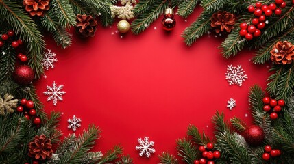 Elegant christmas background with snowflakes and spruce branch frame, perfect for adding text