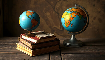 A classic scene with vintage books topped with a world globe on an old wooden table and grungy backdrop, papercraft, with white tones