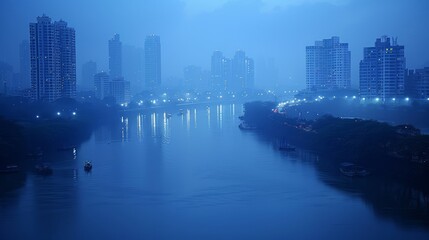 Fototapeta premium Misty cityscape at twilight, river reflects city lights, boats on water.