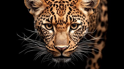 Fototapeta premium leopard headshot, fierce expression, high contrast digital painting, black background, isolated on white background
