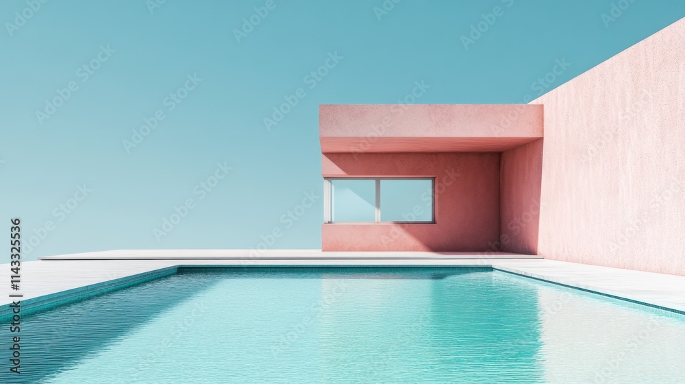 Poster a modern pink structure beside a tranquil pool under a clear blue sky.