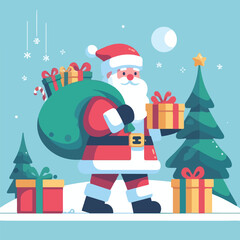 vector image of cute santa claus bringing gifts